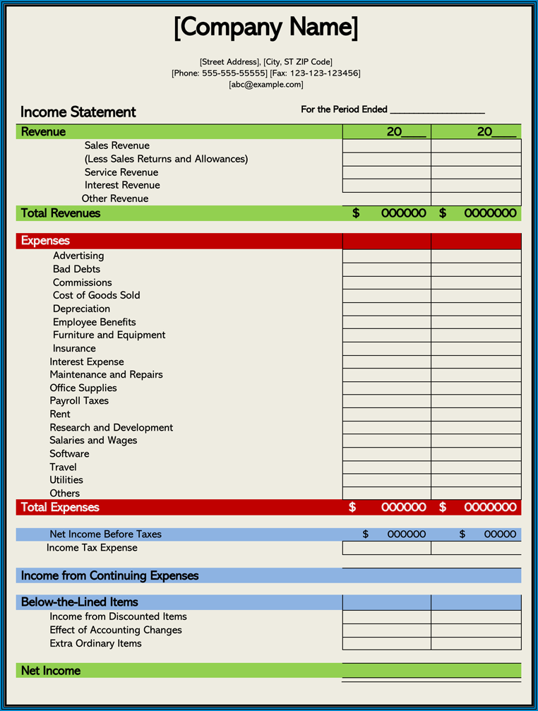 Income Statement Template Example