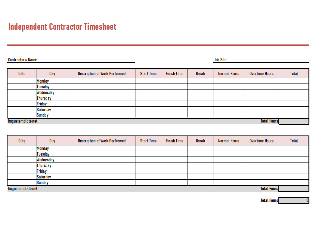 A Bi-weekly independent contractor timesheet template with sections for contractor name, client details, project description, daily hours worked, and total billable hours.