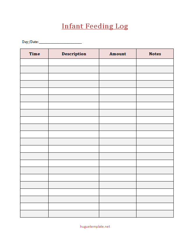 Detailed infant feeding log template with sections for date, time, and amount of each feeding