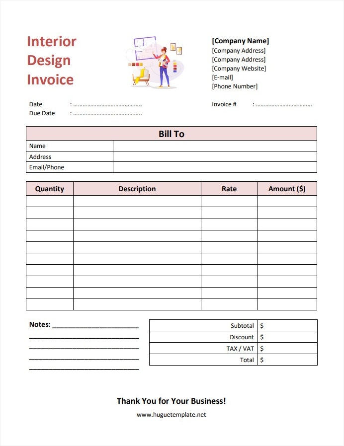 Sample Printable Blank Interior Design Invoice Template in Word and PDF Format.