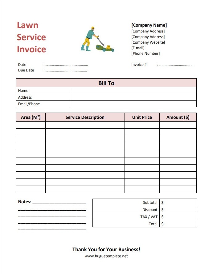 Sample Printable Blank Invoice Template for Lawn Services