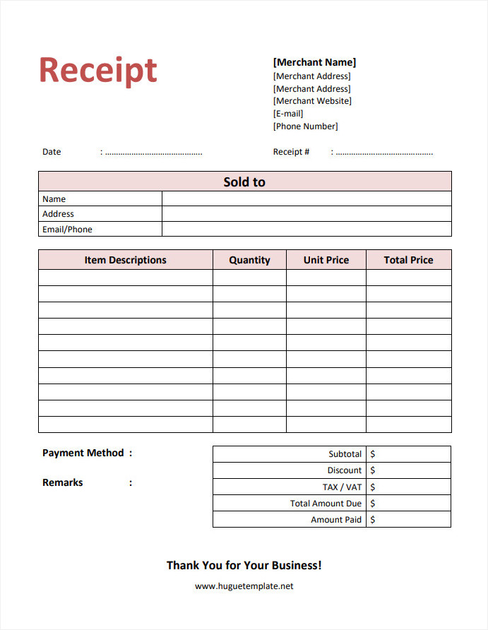 Free Printable Blank Simple Itemized Receipt Template