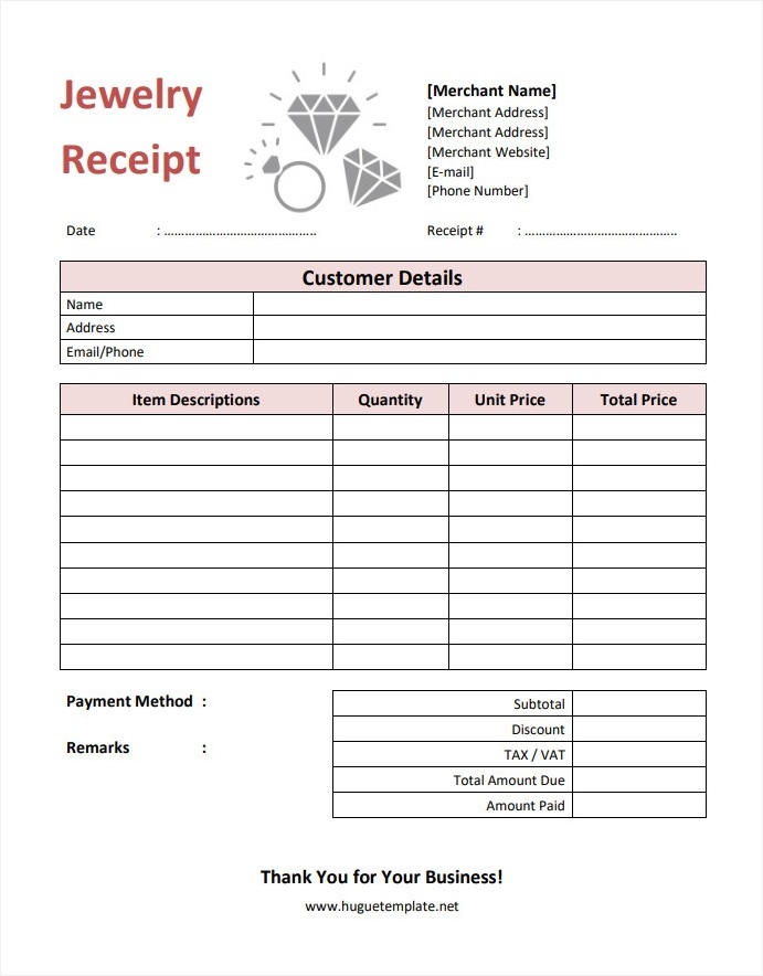 Sample Printable Blank Jewelry Receipt Template in Word and PDF Format.