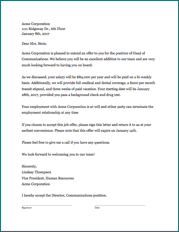 Job Offer Letter Template Sample