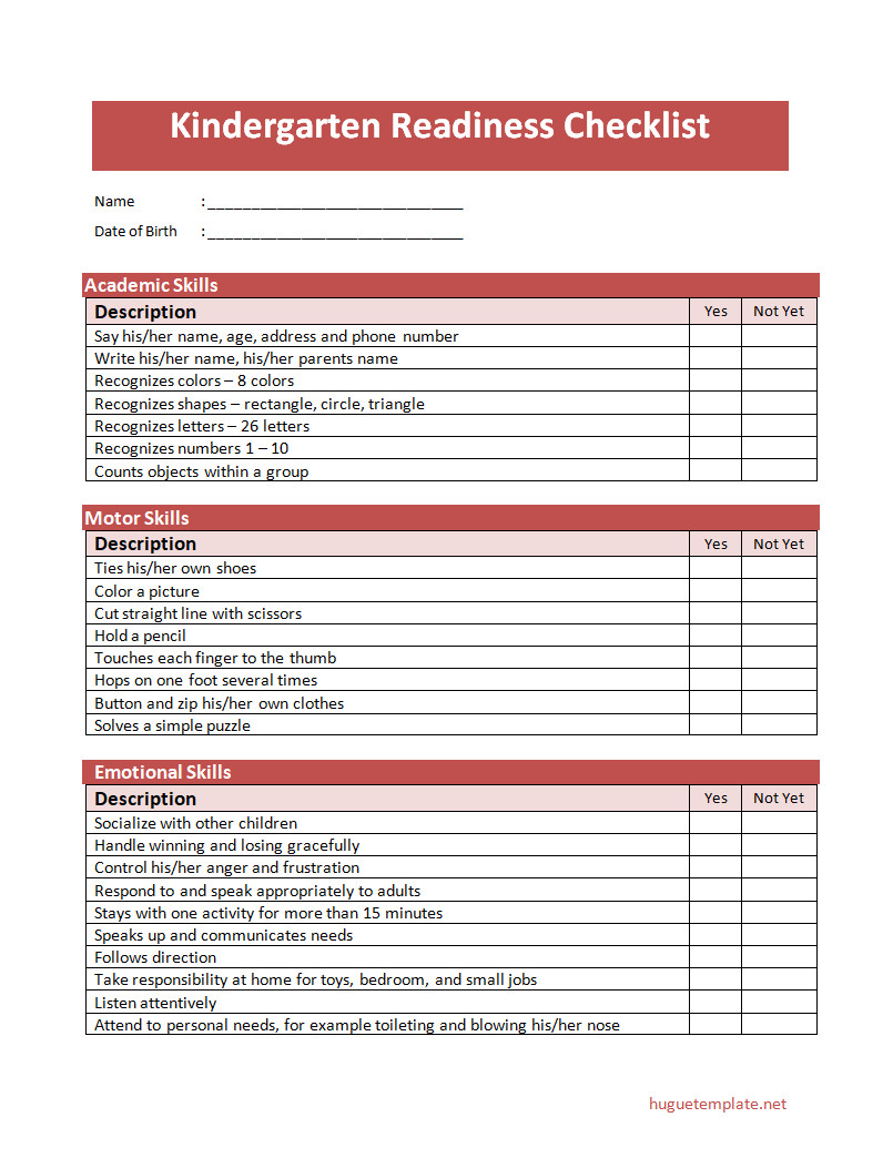 Simple kindergarten readiness checklist template with sections for academic, social, and motor skills