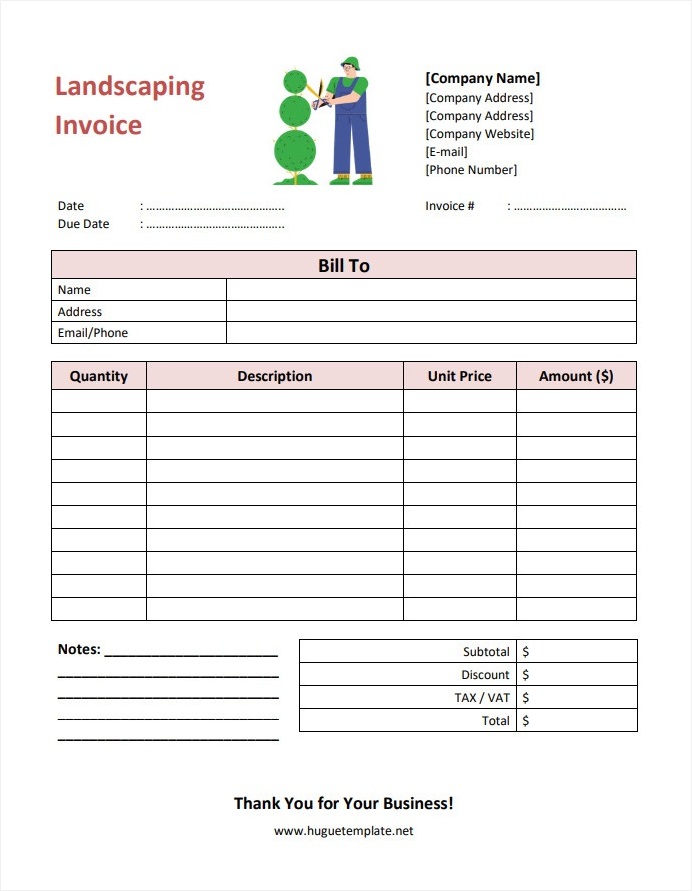 Sample Printable Blank Landscaping Invoice Template