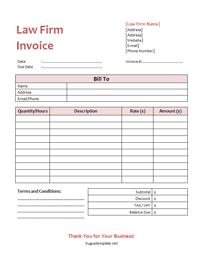 Professional law firm invoice template with itemized list of services, hours worked, and billing rates