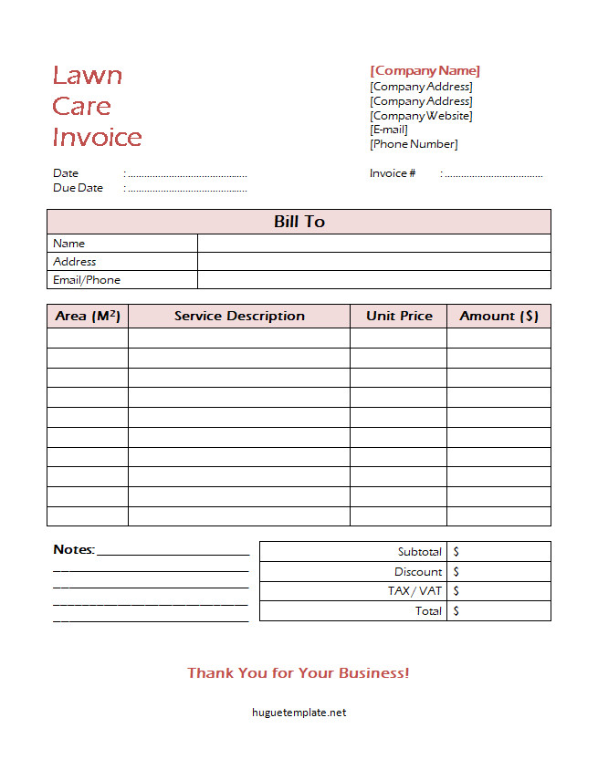 Professional lawn care invoice template with sections for client information, company logo, service dates, detailed lawn care services, and total charges.