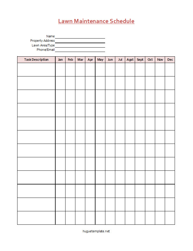 Printable lawn maintenance schedule template featuring sections for lawn care activities