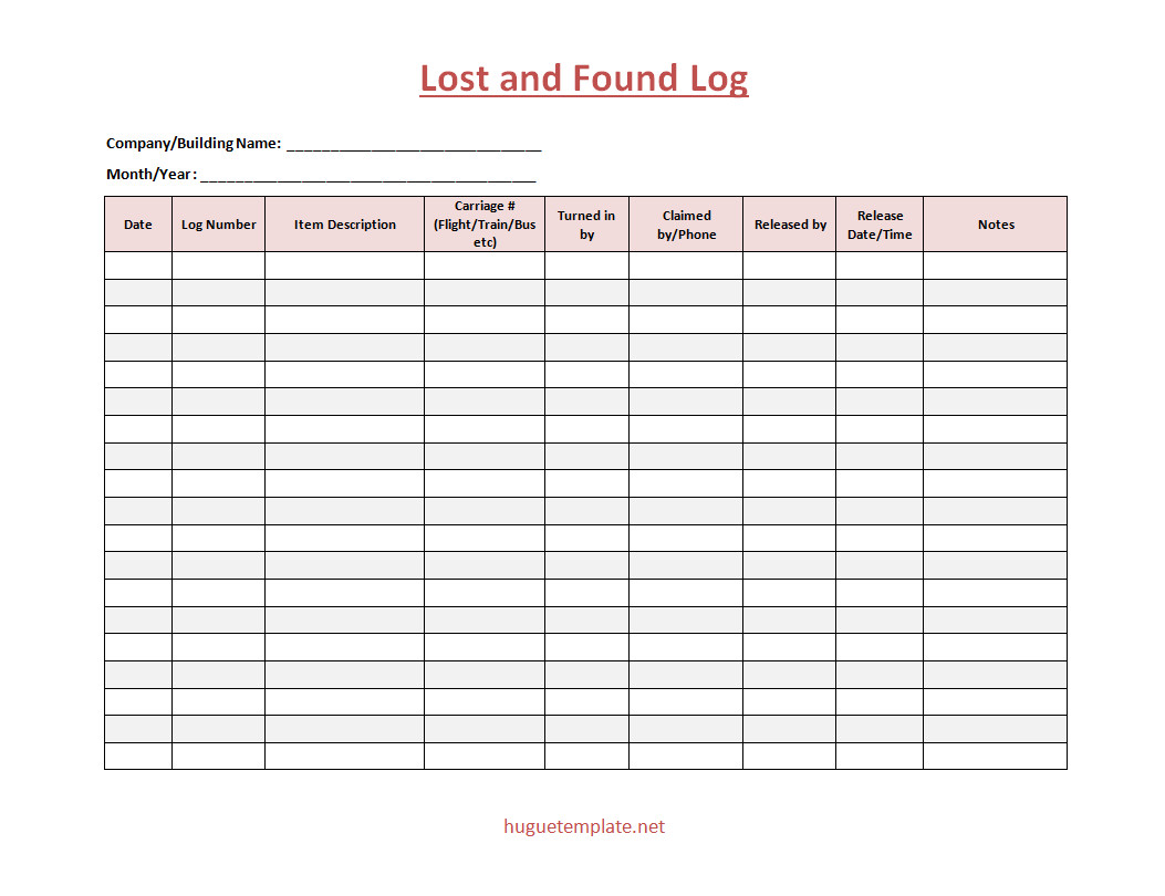 Lost and Found Log Sheet Template with sections for item description, date found, and contact information