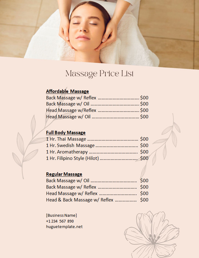 Printable Massage Price List Template featuring a clean design with fields for massage services, rates, and additional fees