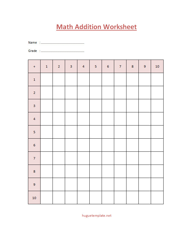 Printable math addition worksheet template featuring a clean layout with multiple addition exercises and space for answers.