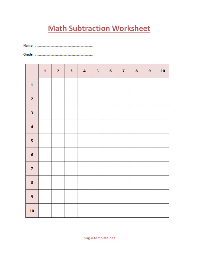 Printable Math Subtraction Worksheet Template featuring a clean layout with multiple subtraction exercises and space for answers