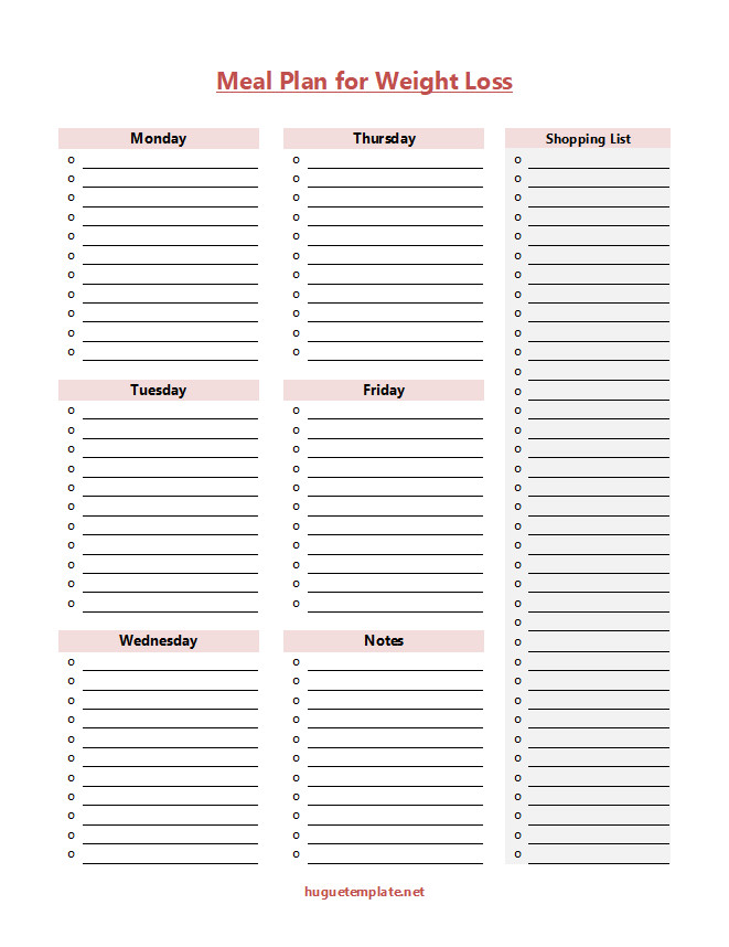 Customizable Meal Plan Template for Weight Loss with grocery list