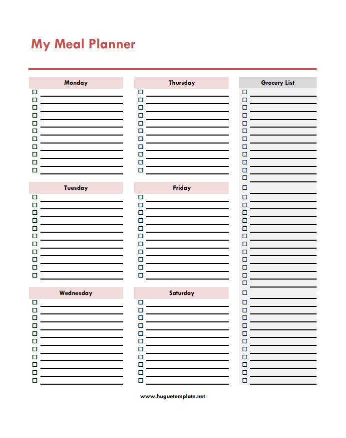 Customizable meal planner template for single-person meal planning and grocery list creation.