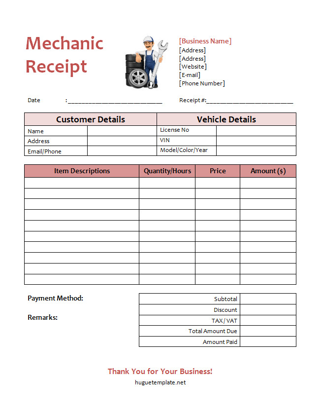 Etailed mechanic receipt template with sections for customer information, service description, and total cost