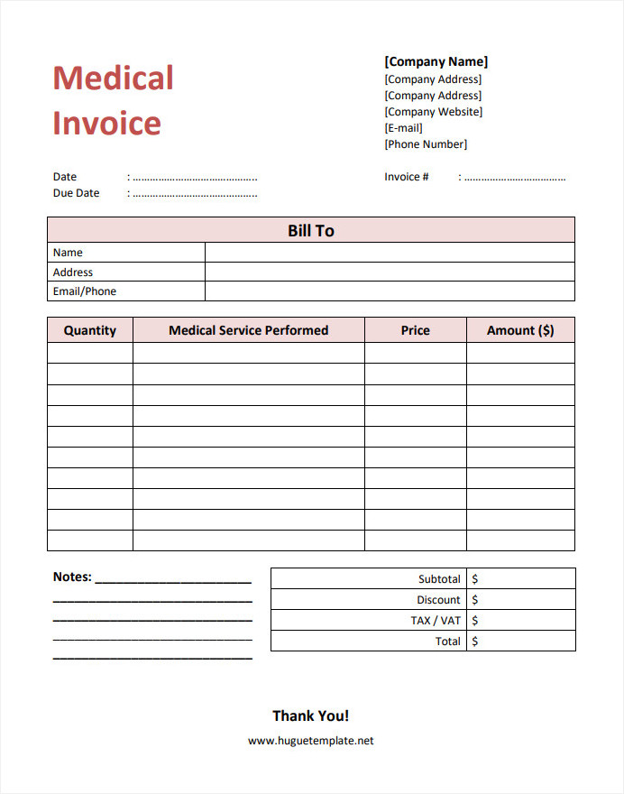 Sample Printable Blank Medical Invoice Template