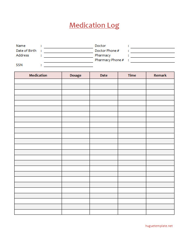 Detailed medication log template with sections for medication name, dosage, administration times, and notes.