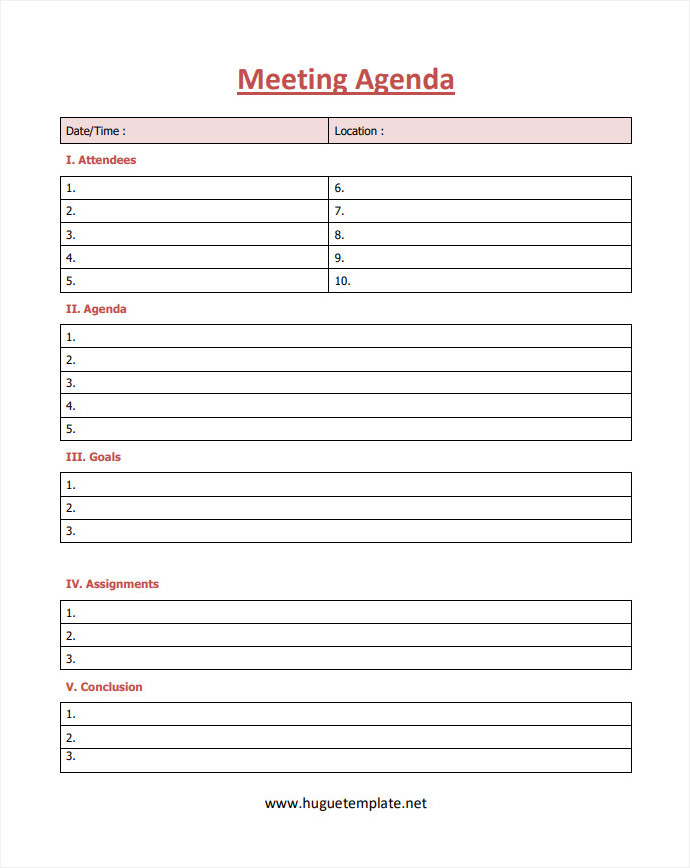 Sample Printable Blank Meeting Agenda Template in Word and PDF Format.