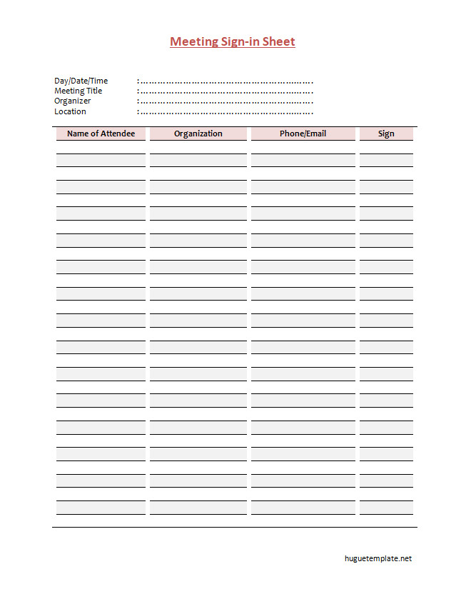 Organized meeting sign-in sheet template with space for recording attendee details, company affiliation, and check-in times.