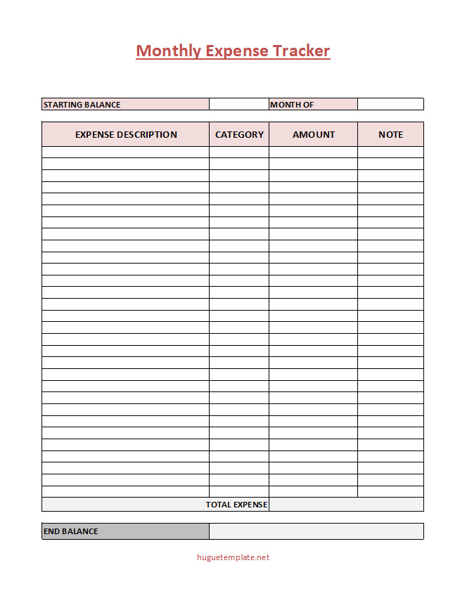 Printable monthly expense tracker template featuring a user-friendly layout and customizable fields.