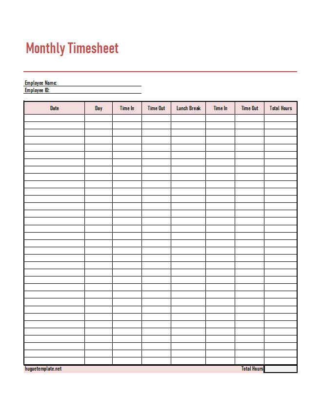 A monthly timesheet template with sections for employee name, department, month, daily hours worked, overtime, and total monthly hours.