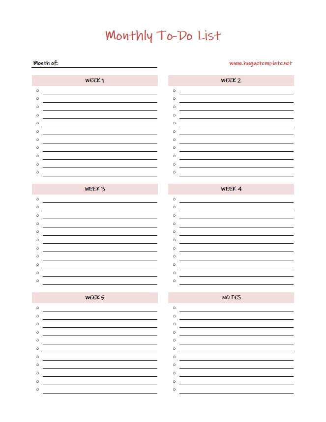 Printable monthly to-do list template featuring a clean design and space for notes