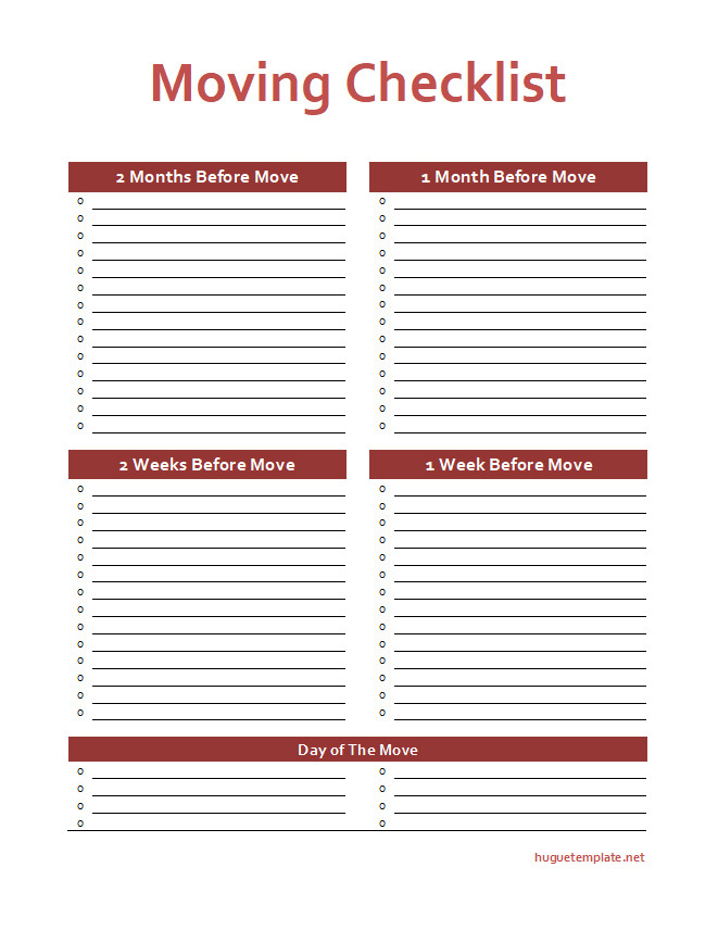 Template for moving checklist showing a detailed layout for organizing tasks before and after a move.