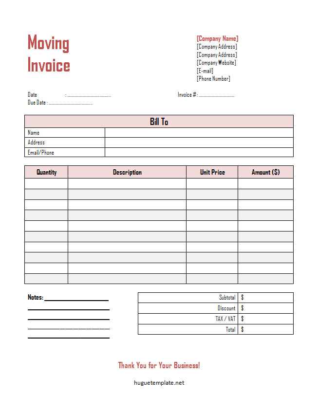 Professional moving company invoice template featuring sections for client details, moving date, itemized list of services provided, and total charges.