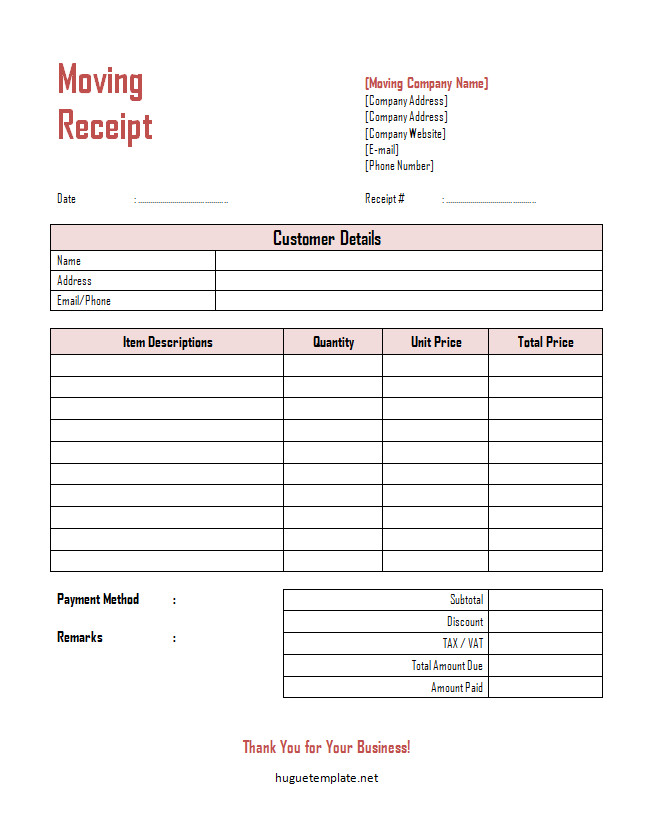 Professional moving company receipt template featuring sections for client information, moving date, itemized list of services rendered, and total payment received.