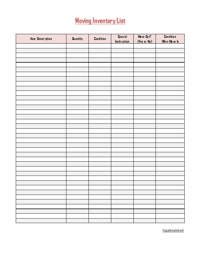 Detailed moving inventory list template with fields for tracking furniture, appliances, electronics, and other belongings, aiding the relocation process.