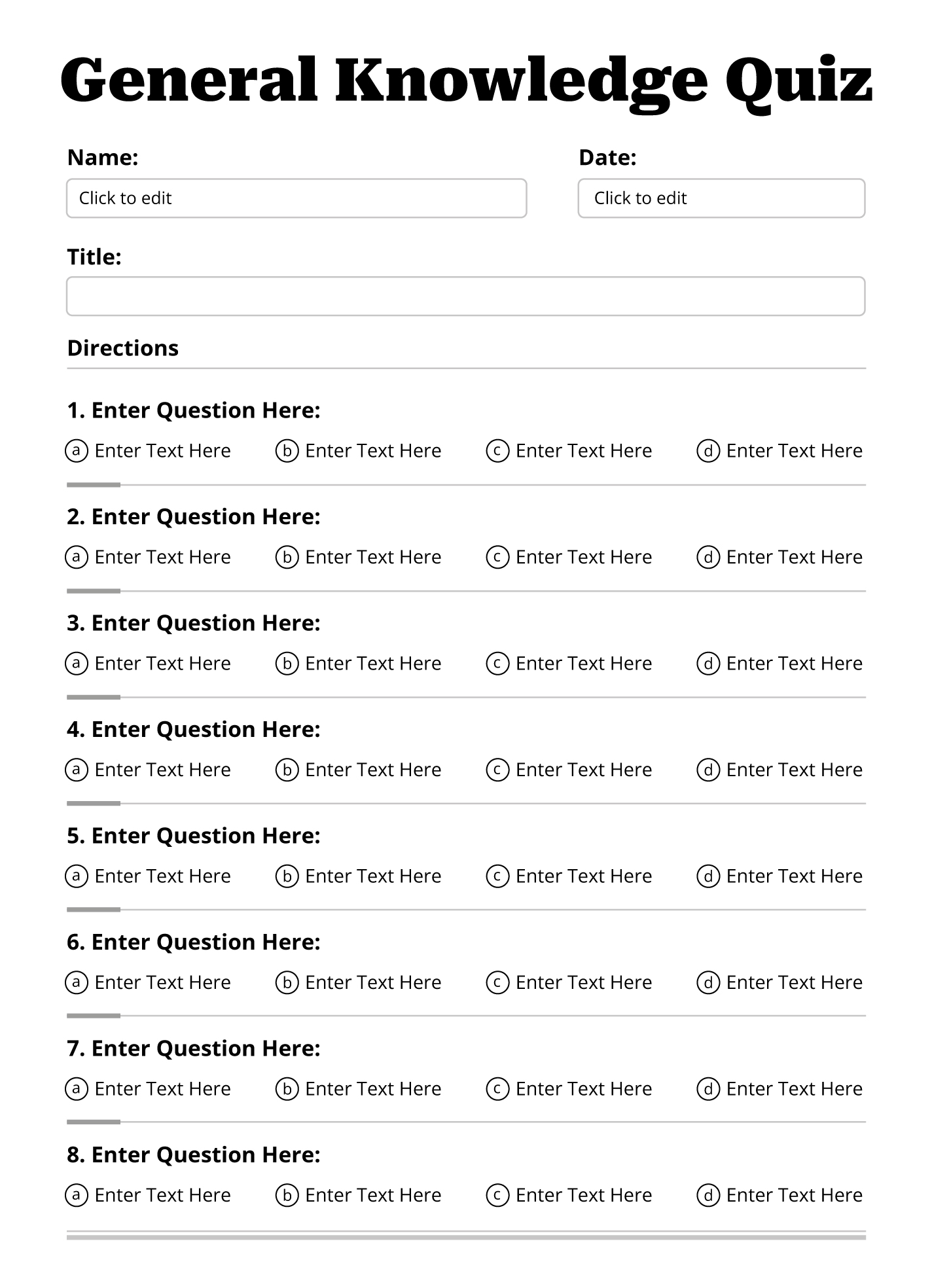 Multiple Choice Quiz Template Sample