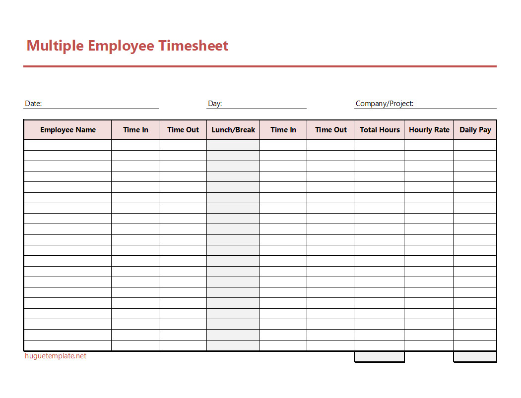 Detailed multiple-employee timesheet template with sections for employee names, daily hours worked, task descriptions, and total hours for the pay period.