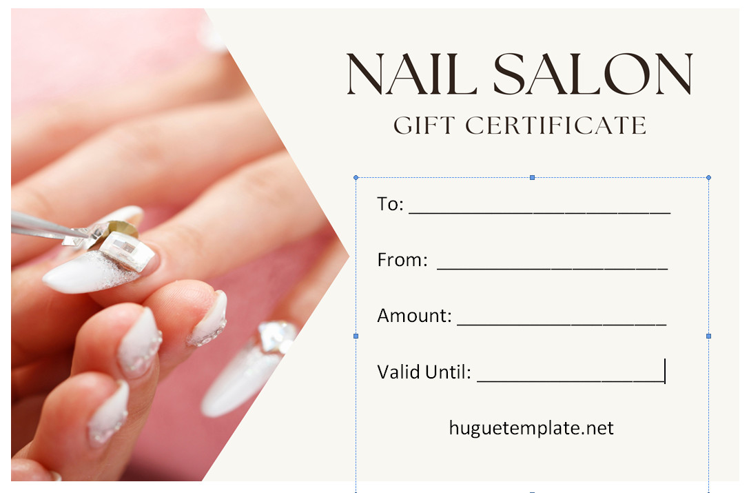 Elegant nail salon gift certificate template with sections for recipient's name, service details, and expiration date.