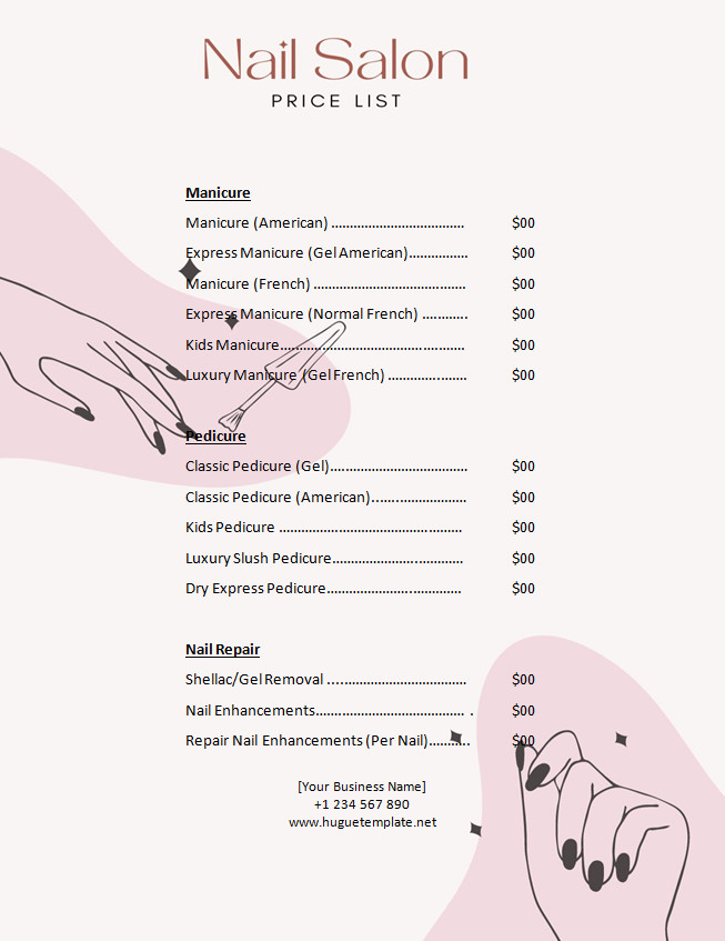 Organized nail salon price list template with space for listing nail treatments, additional services, and pricing tiers.