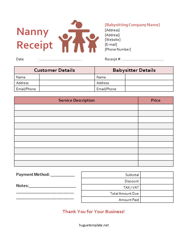 Printable nanny receipt template for documenting childcare payments.