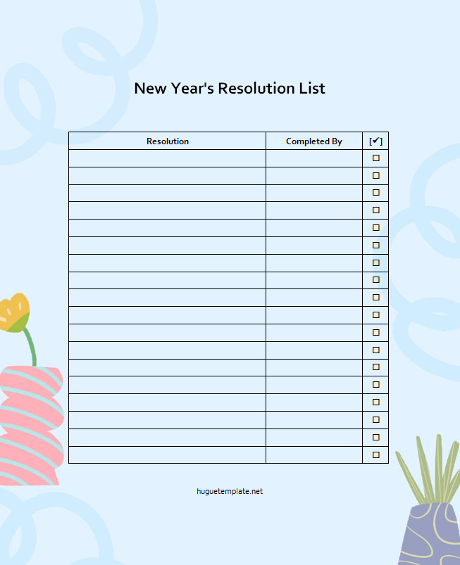 New year's resolution list template for setting annual goals and aspirations.