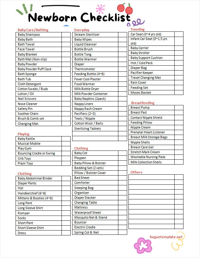 Printable newborn checklist template for preparing for a baby's arrival.