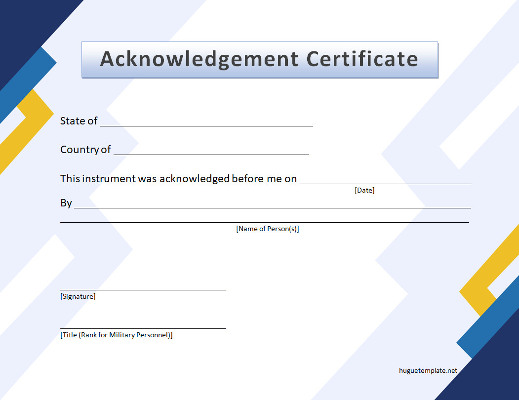 Official notary acknowledgement certificate template for verifying signatures.