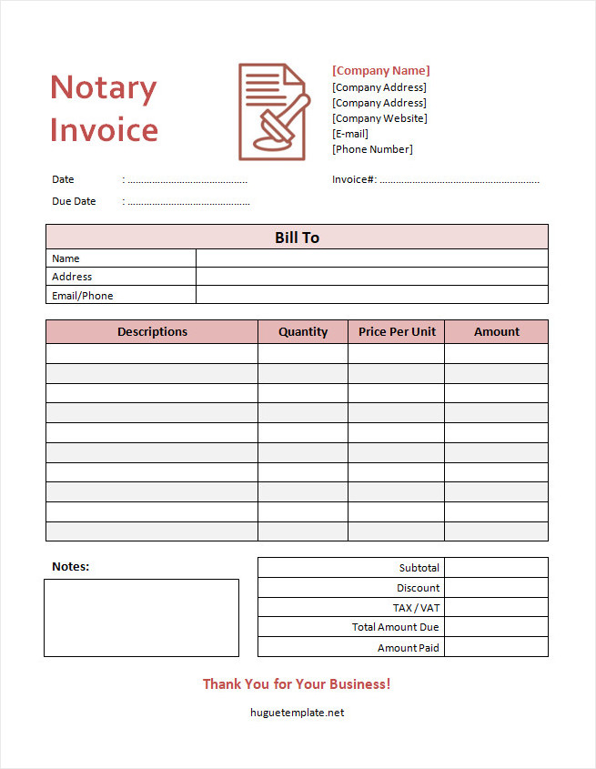 Professional notary invoice template for billing notarization services.