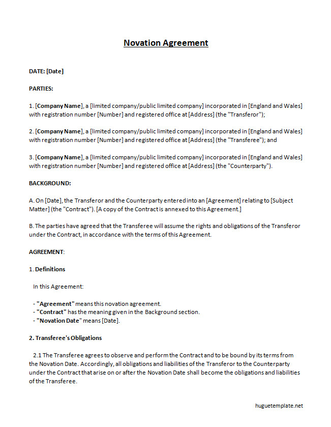 Professional novation agreement template for transferring contract obligations