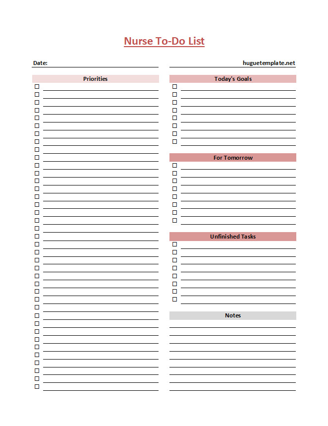 Professional Nurse To-do List Template with fields for patient care plans, nursing notes, and vital signs