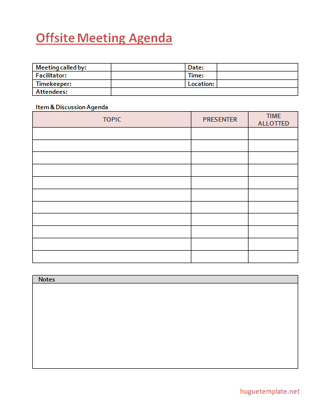 Comprehensive offsite meeting agenda template for outlining topics and schedules.