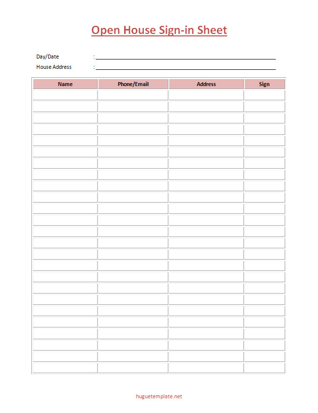 Open house sign-in sheet template with fields for visitor names, contact information, and property interest