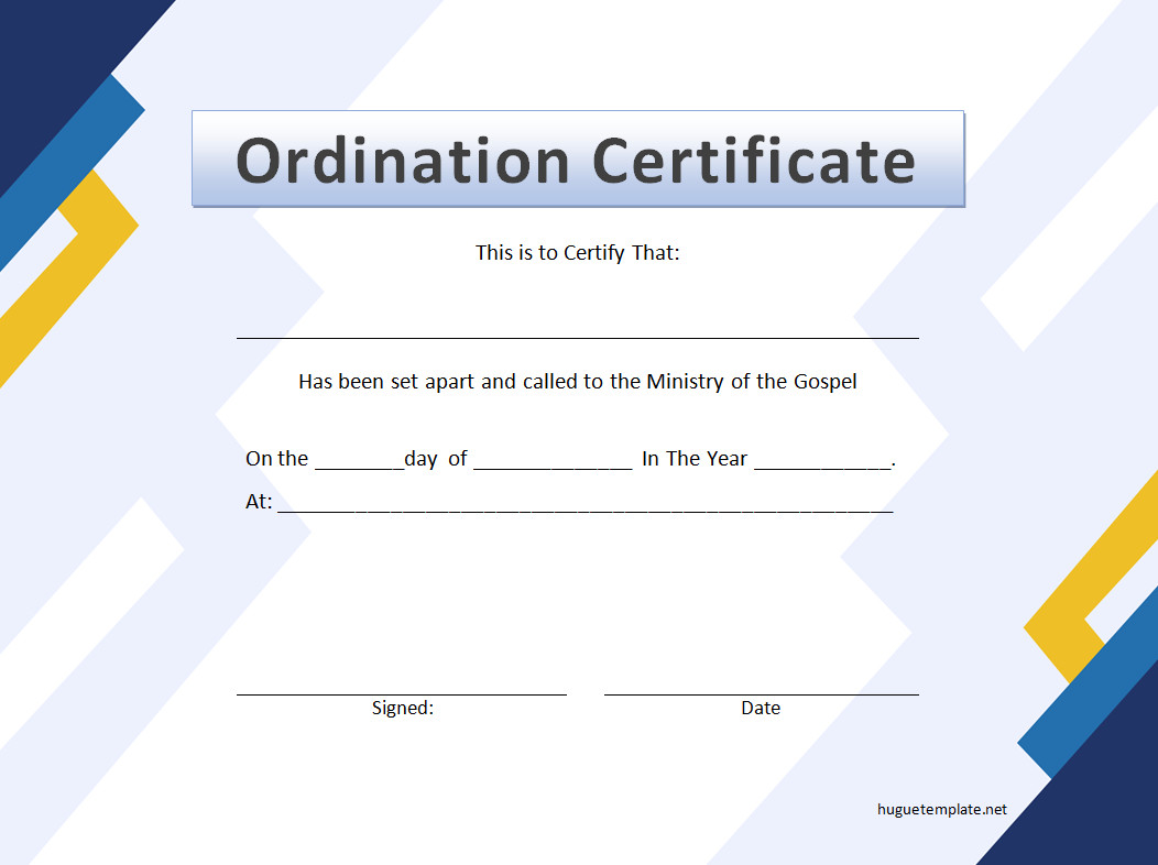 Ordination certificate template with elegant borders and spaces for the recipient's name, date, and officiant's signature.