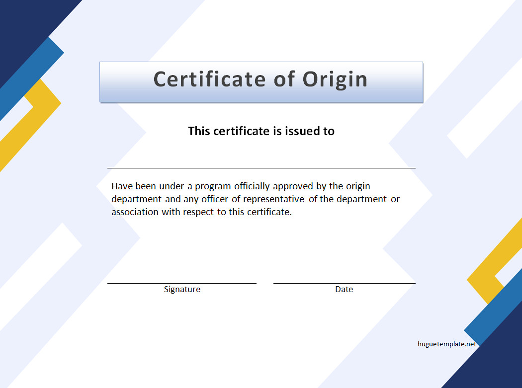 Blank origin certificate template featuring sections for certifying authority, shipment information, and date of issue