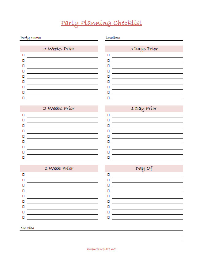 Modern party planning checklist template with checkboxes for completed tasks and customizable fields for notes