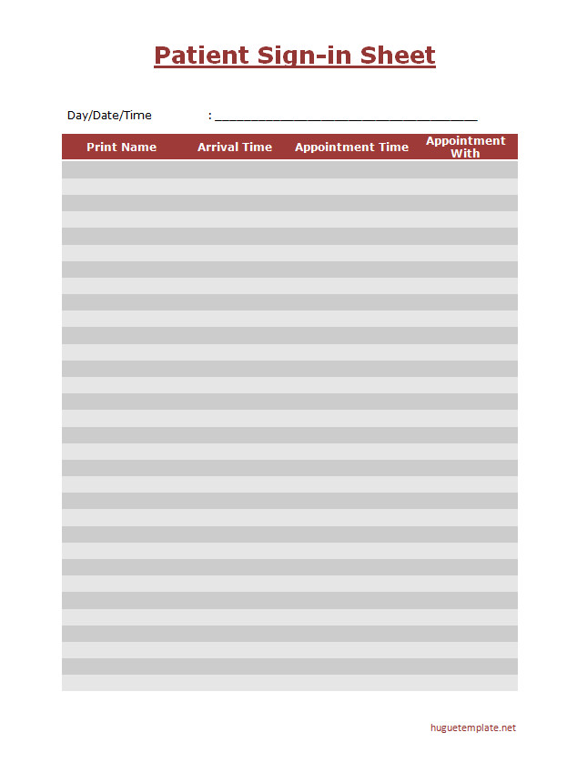 Patient Sign-in Sheet Template used in medical offices for tracking patient arrivals.