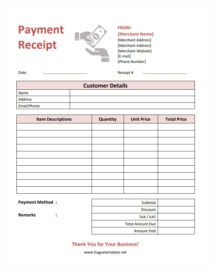 Sample Printable Blank Payment Receipt Template in Word and PDF Format.