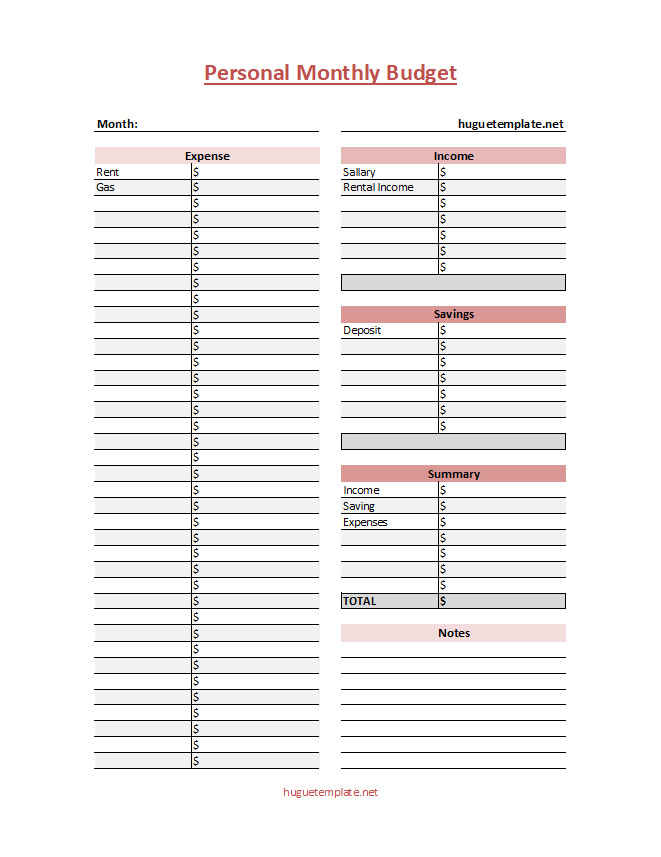 Printable personal monthly budget template featuring categories for rent, utilities, groceries, and entertainment